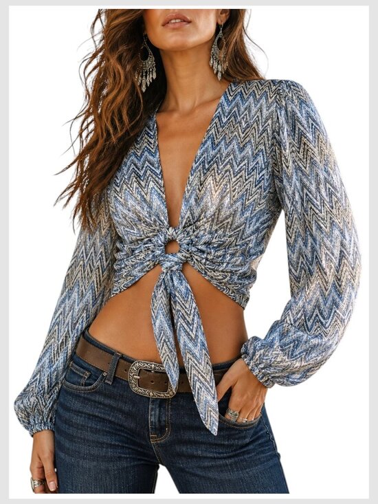 Moon River Tops - Moon River Sheer Twist Front Puff Sleeve Blouse Sky Blue L